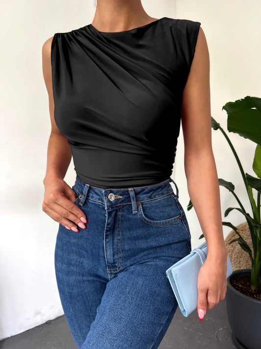 Bisiklet Yaka Sıfır Kol Sandy Bluz -Siyah