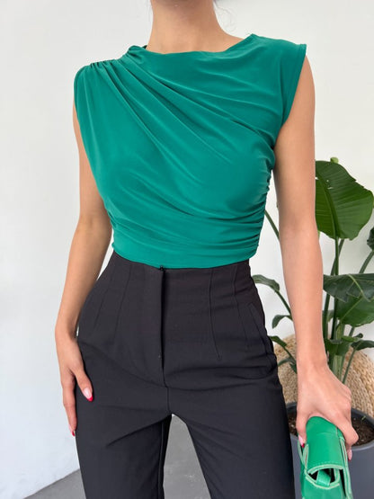 Bisiklet Yaka Sıfır Kol Sandy Bluz -Zümrüt