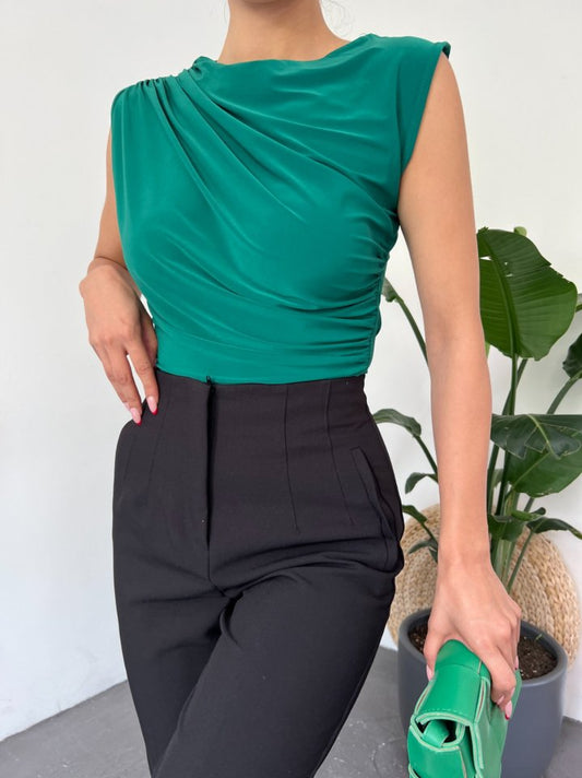 Bisiklet Yaka Sıfır Kol Sandy Bluz -Zümrüt