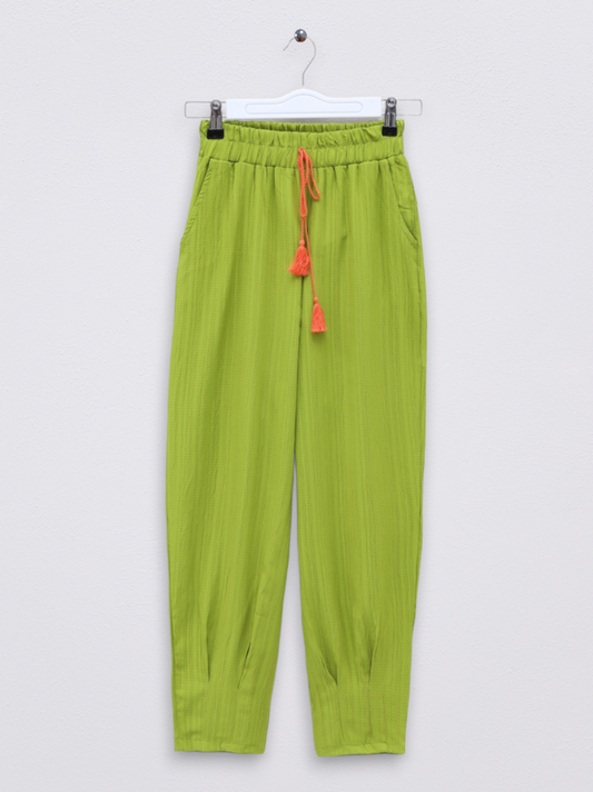 Paçası Pens Dikişli Bağcık Detaylı Pantolon -F.Yeşili