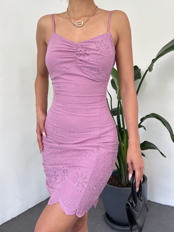 İp Askılı Fistolu Astarlı Mini Elbise -Vişne