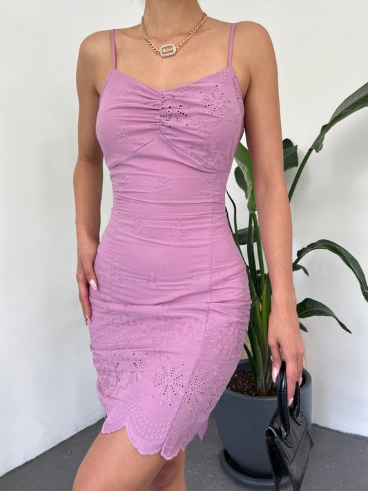 İp Askılı Fistolu Astarlı Mini Elbise -Vişne