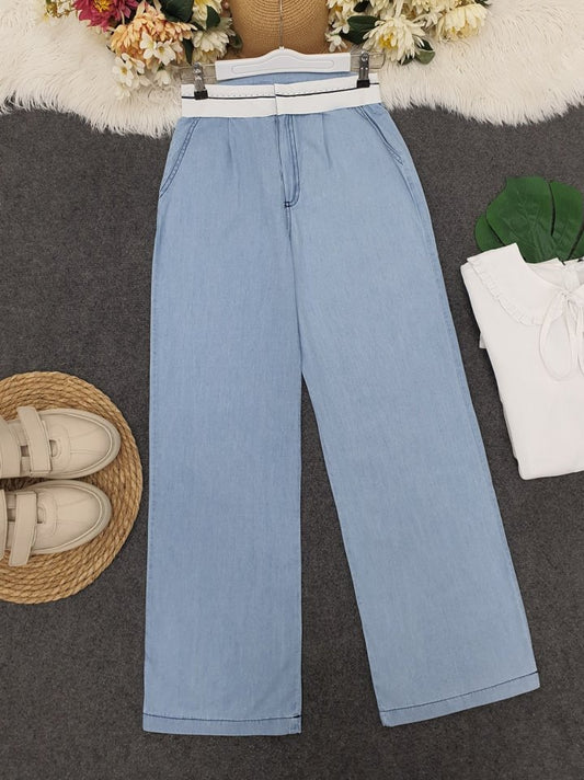 Beli Kancalı Kemer Detaylı İnce Kot Pantolon -Açık Mavi
