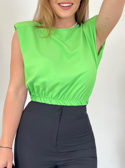 Omuzları Vatkalı Beli Lastikli  Bluz -A.Yeşil