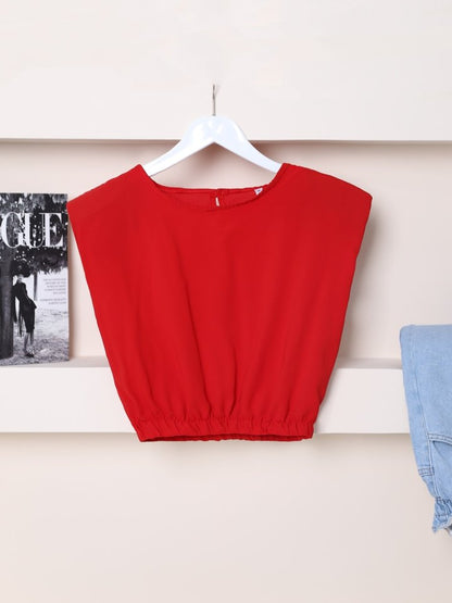 Omuzları Vatkalı Beli Lastikli  Bluz -Kırmızı