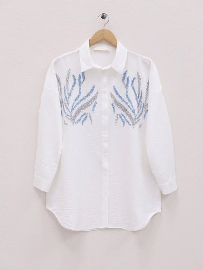Önü Pul Payetli Uzun Gömlek -Beyaz
