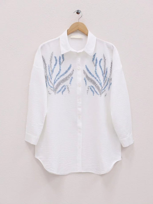 Önü Pul Payetli Uzun Gömlek -Beyaz