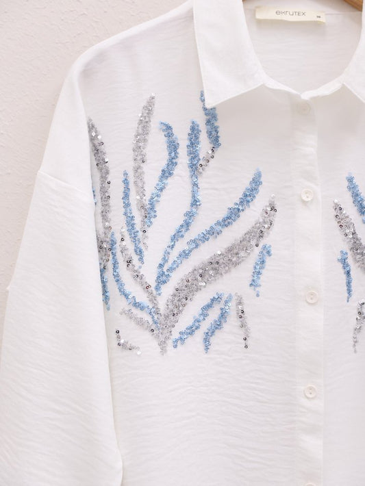 Önü Pul Payetli Uzun Gömlek -Beyaz