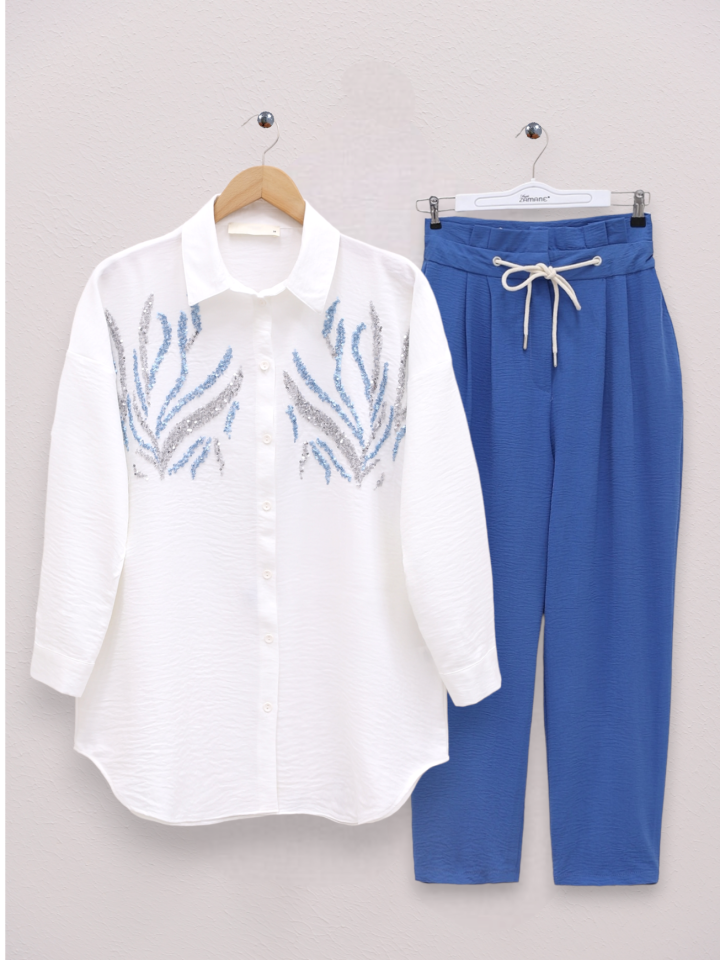 Önü Pul Payetli Uzun Gömlek -Beyaz