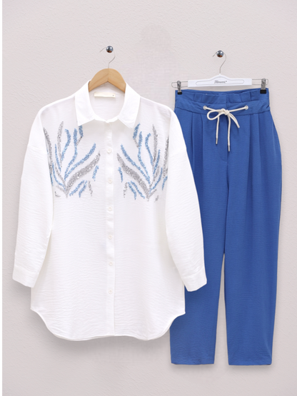 Önü Pul Payetli Uzun Gömlek -Beyaz