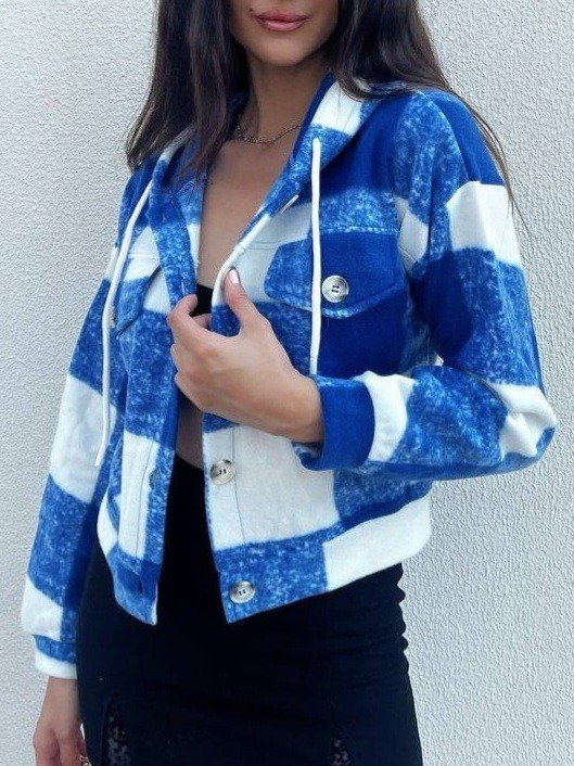 Kapşonlu Ekose Polar Crop Ceket -Mavi