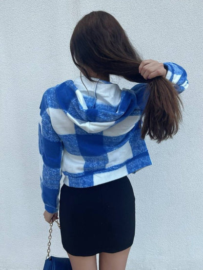 Kapşonlu Ekose Polar Crop Ceket -Mavi