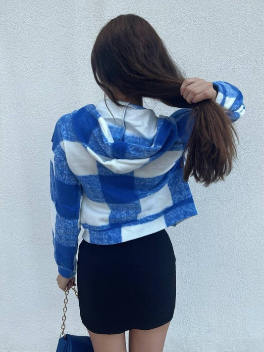 Kapşonlu Ekose Polar Crop Ceket -Mavi