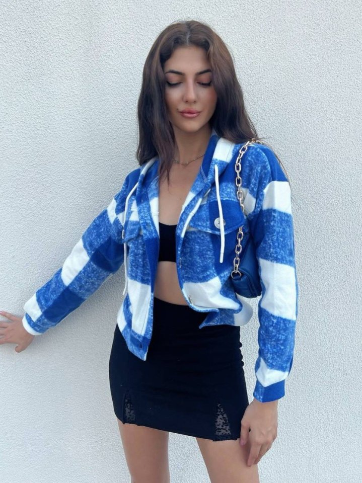 Kapşonlu Ekose Polar Crop Ceket -Mavi