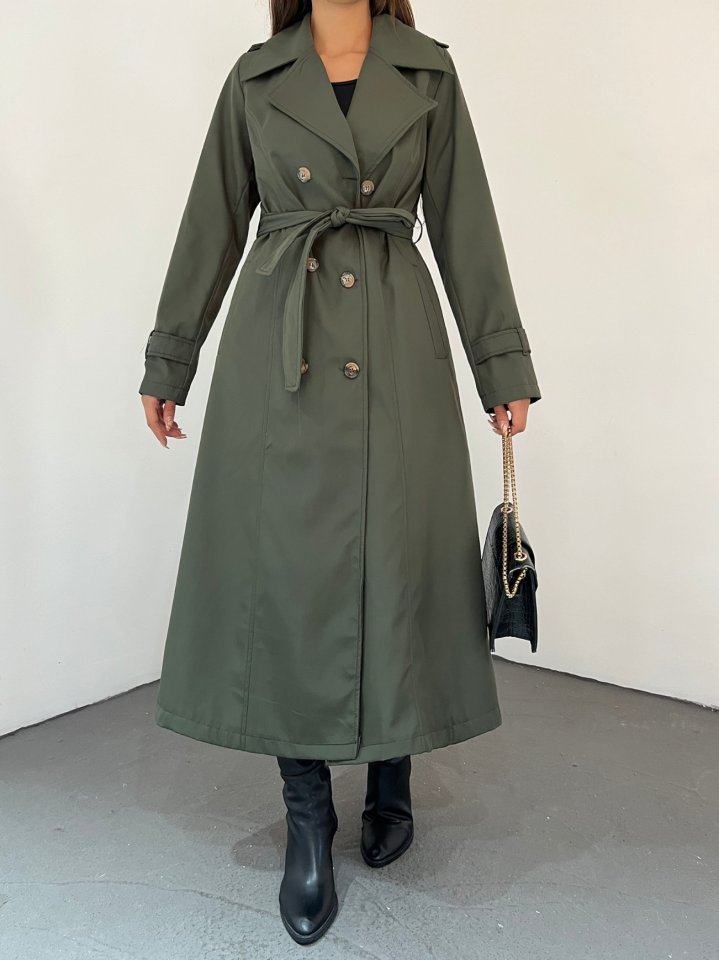 Astarlı Kemerli Trenckot -Haki