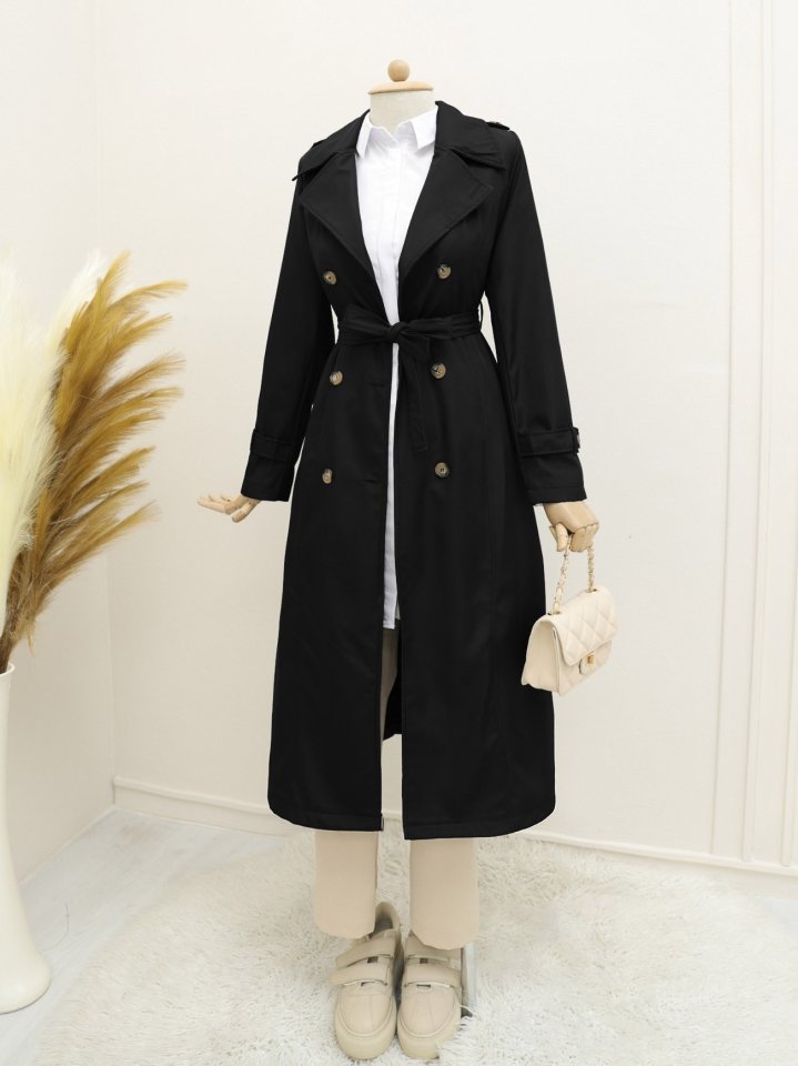 Astarlı Kemerli Trenckot -Siyah