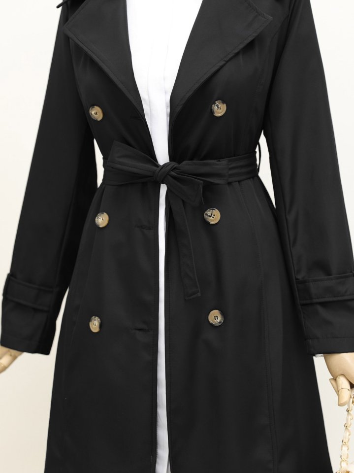 Astarlı Kemerli Trenckot -Siyah