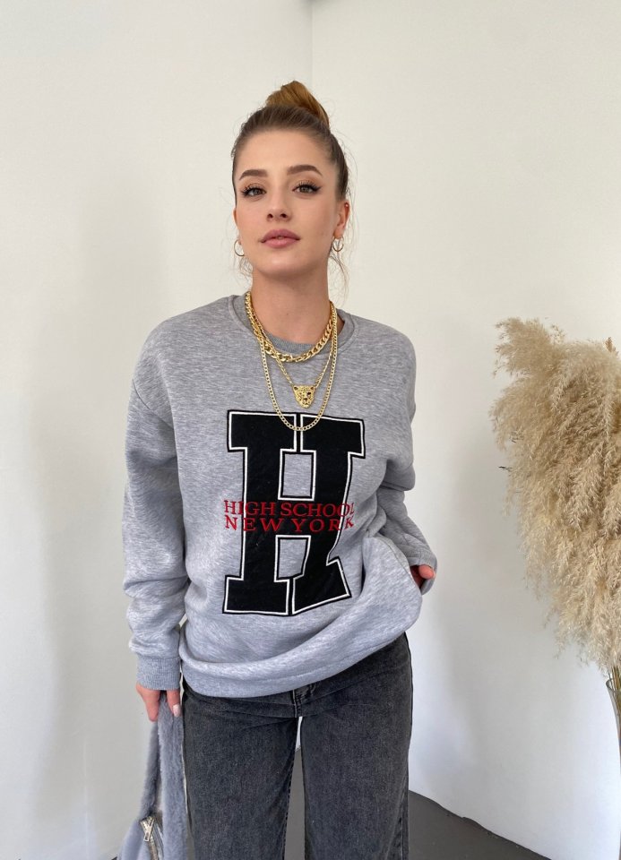 Önü Nakışlı Bisiklet Yaka Sweat Tunik -Gri