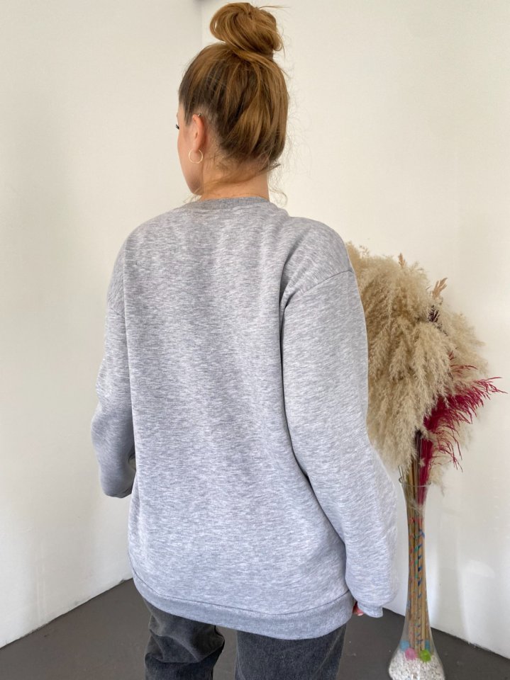 Önü Nakışlı Bisiklet Yaka Sweat Tunik -Gri