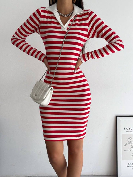 Yakalı Çizgili Uzun Kol Elbise -Kırmızı