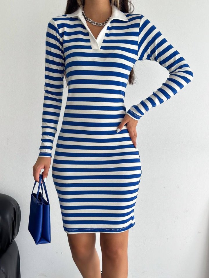 Yakalı Çizgili Uzun Kol Elbise -Mavi