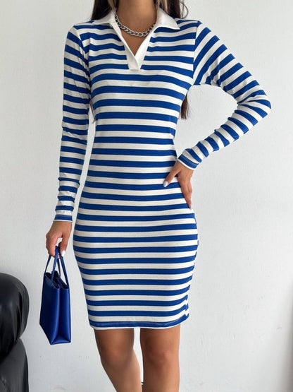 Yakalı Çizgili Uzun Kol Elbise -Mavi