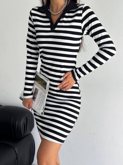 Yakalı Çizgili Uzun Kol Elbise -Siyah