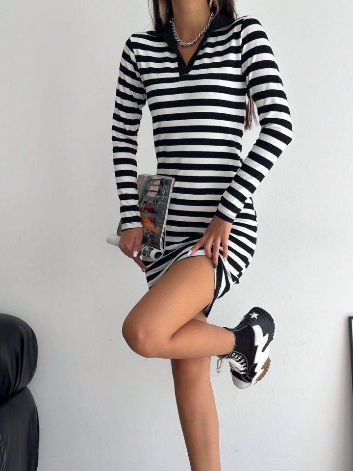 Yakalı Çizgili Uzun Kol Elbise -Siyah