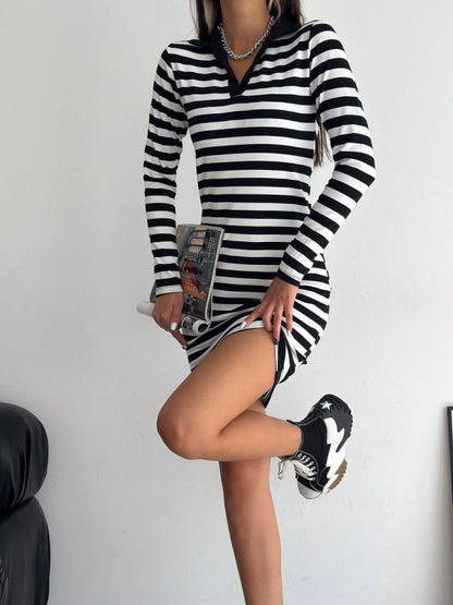 Yakalı Çizgili Uzun Kol Elbise -Siyah