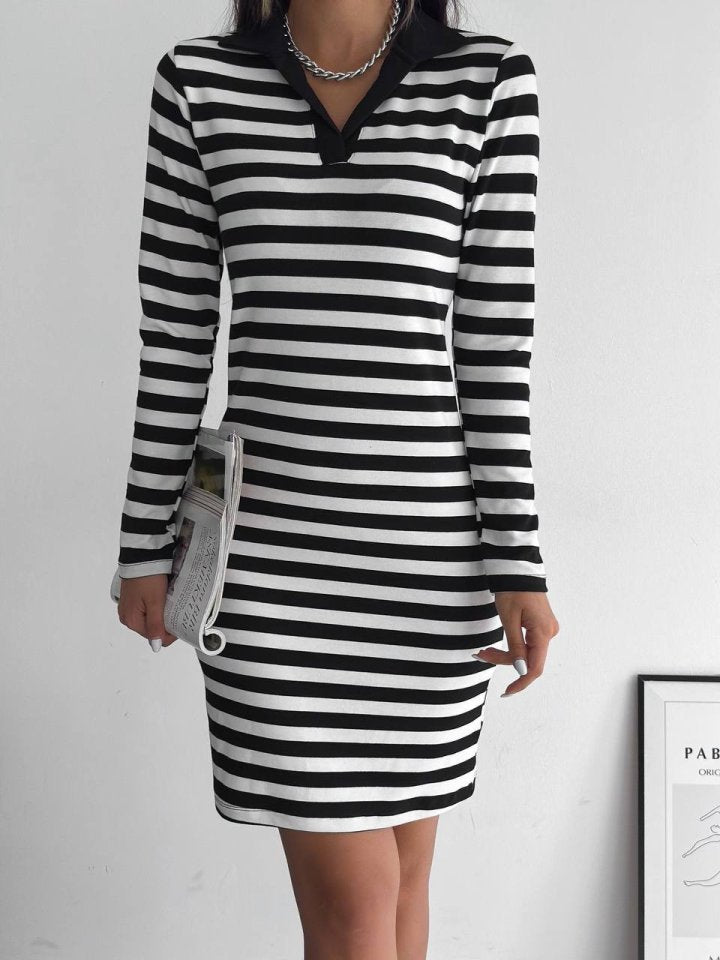 Yakalı Çizgili Uzun Kol Elbise -Siyah