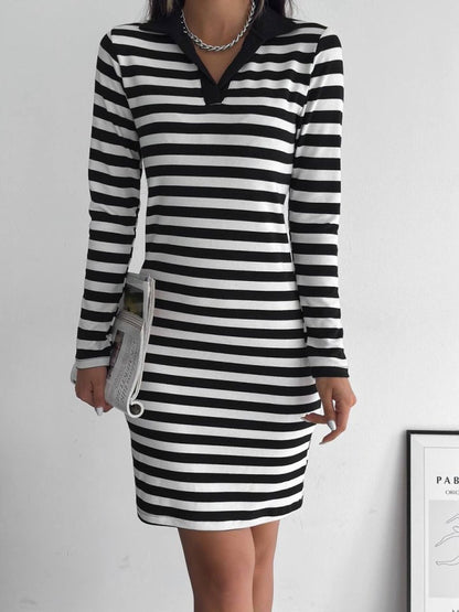 Yakalı Çizgili Uzun Kol Elbise -Siyah