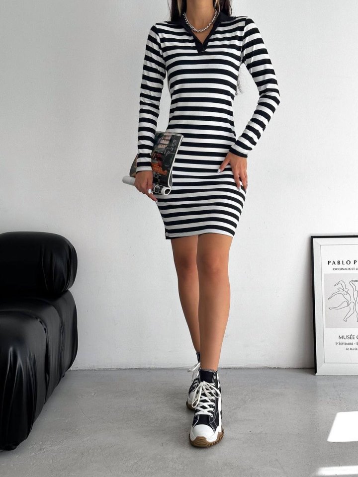 Yakalı Çizgili Uzun Kol Elbise -Siyah