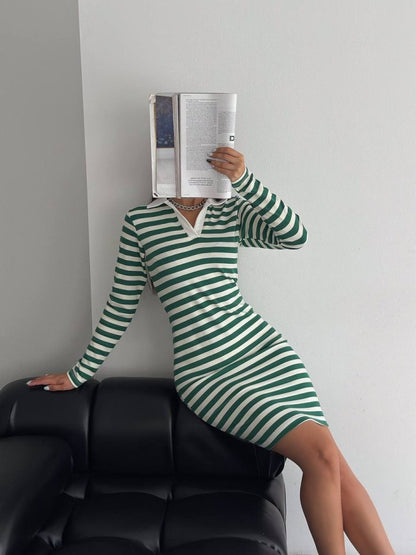 Yakalı Çizgili Uzun Kol Elbise -Yeşil