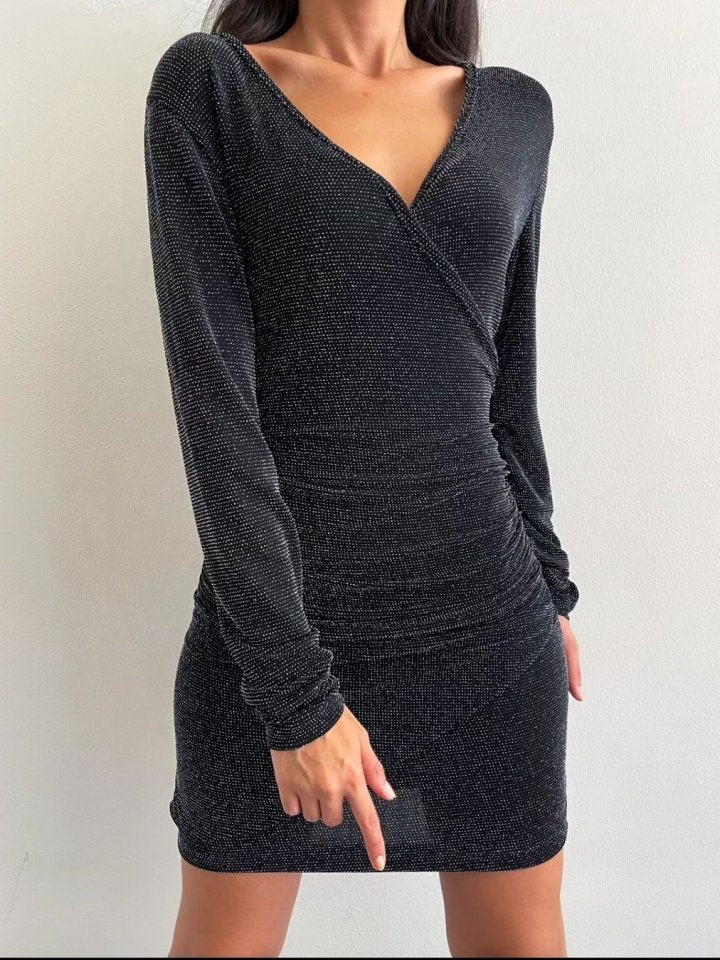 Uzun Kollu Kruvaze Simli Elbise -Siyah