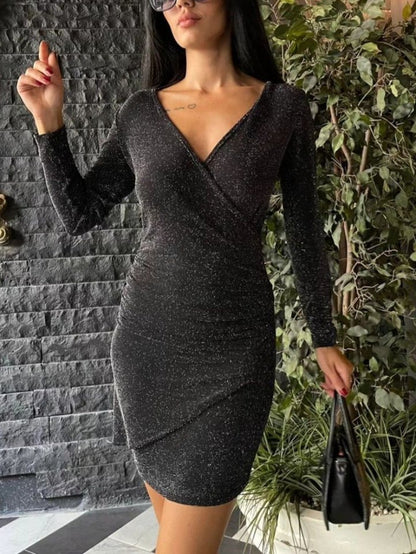 Uzun Kollu Kruvaze Simli Elbise -Siyah