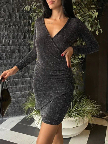 Uzun Kollu Kruvaze Simli Elbise -Siyah