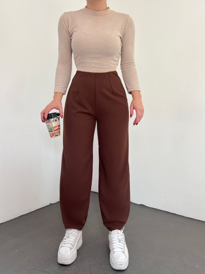 Beli Lastikli Balon Pantolon -Kahve