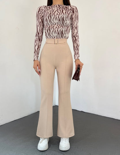 Kemer Toka Detaylı Beli Lastikli Pantolon -Taş