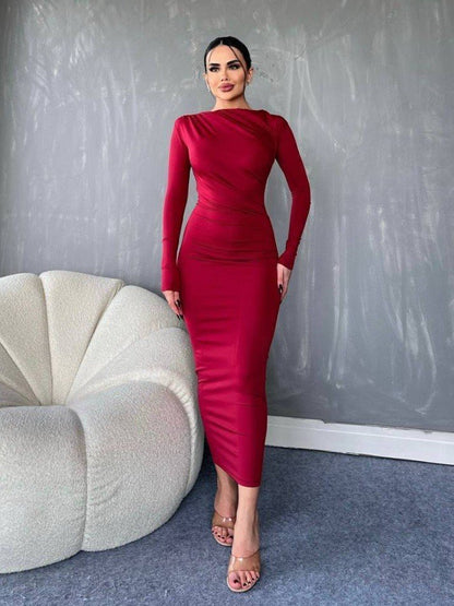 Yanı Büzgülü Uzun Skuba Elbise -Bordo