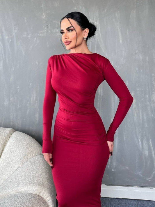 Yanı Büzgülü Uzun Skuba Elbise -Bordo