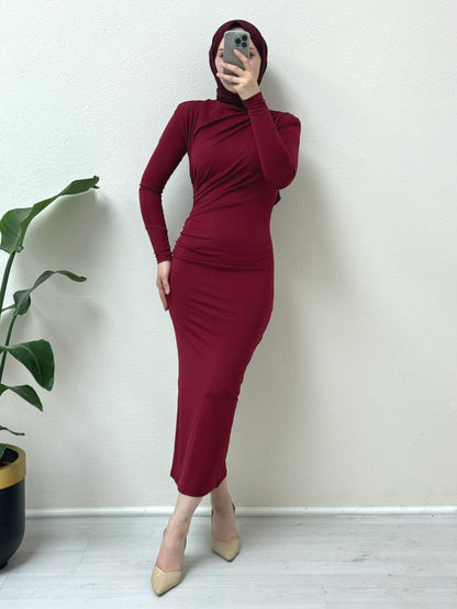 Yanı Büzgülü Uzun Skuba Elbise -Bordo