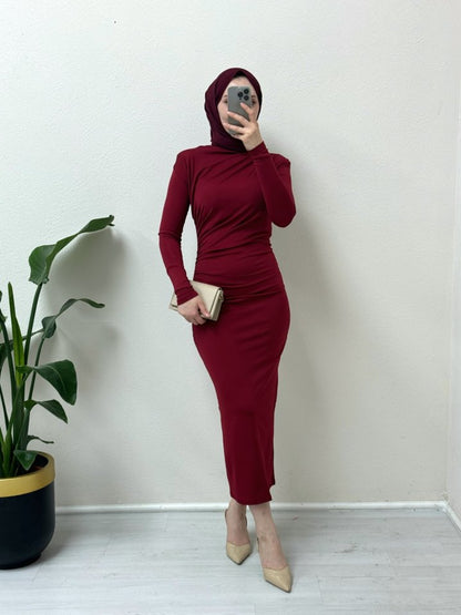 Yanı Büzgülü Uzun Skuba Elbise -Bordo