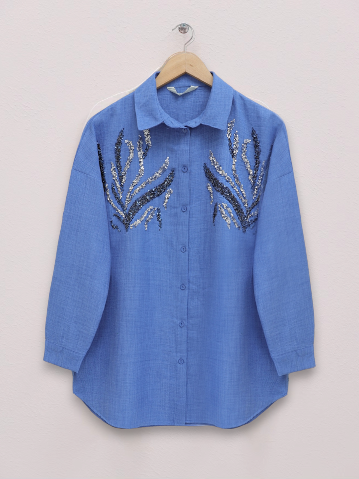 Önü Pul Payetli Uzun Gömlek  -İndigo