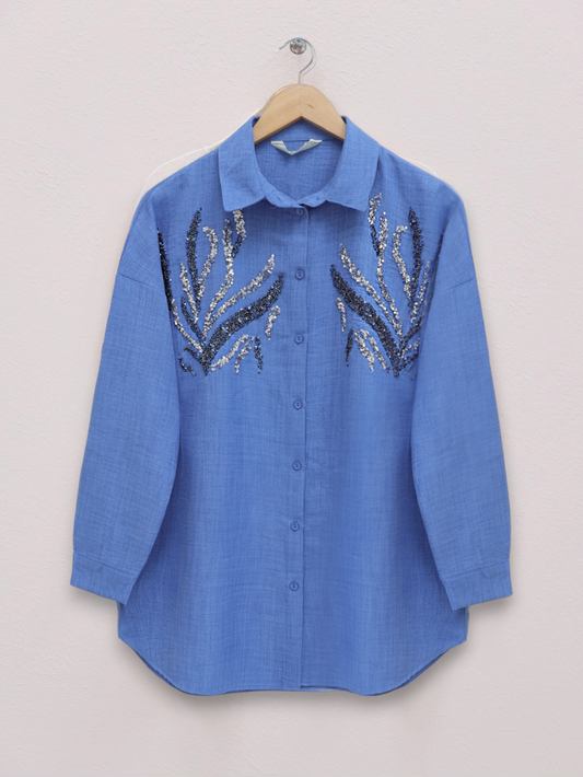 Önü Pul Payetli Uzun Gömlek  -İndigo