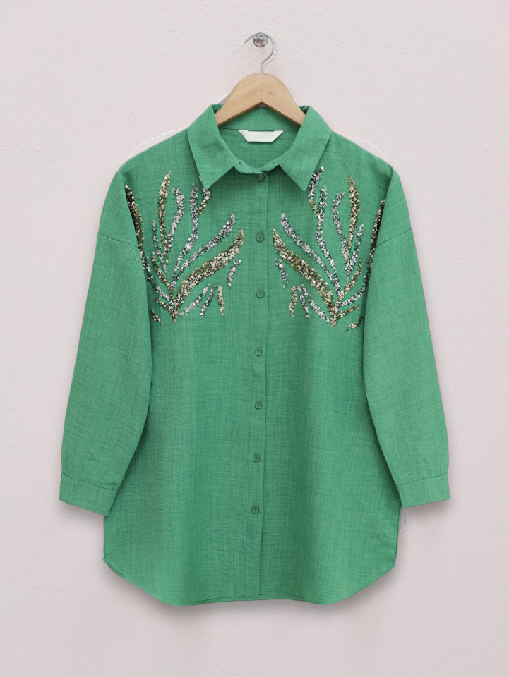 Önü Pul Payetli Uzun Gömlek  -Orman Yş.