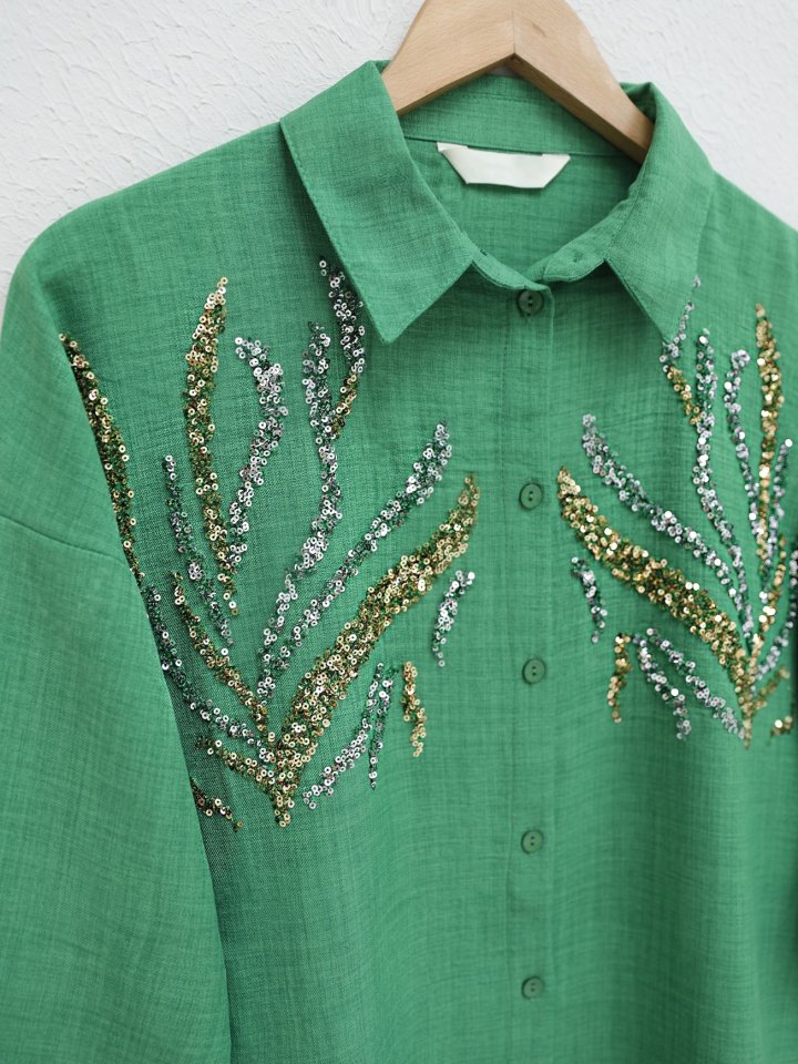 Önü Pul Payetli Uzun Gömlek  -Orman Yş.