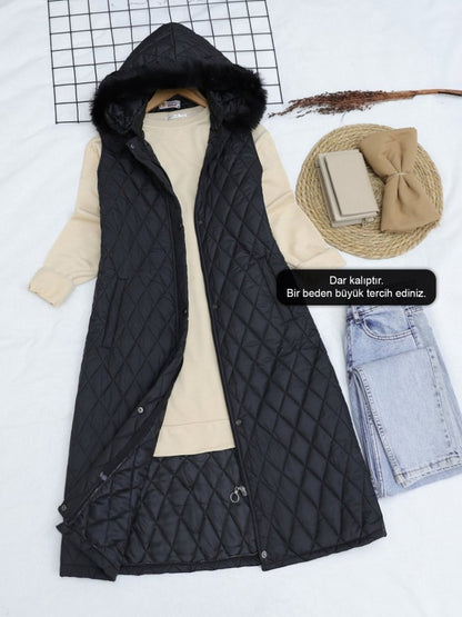 Çıkma Kapşonlu Kapitone Uzun Yelek -Siyah