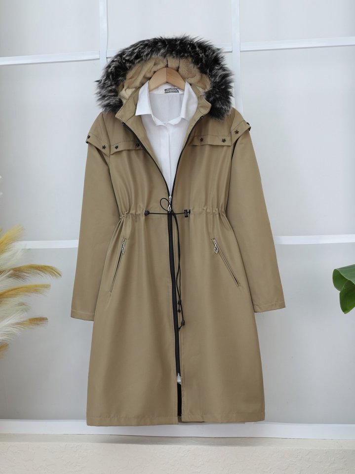 Çıkma Kapşonlu Yıldız Metal Detaylı Kaban  -Taş