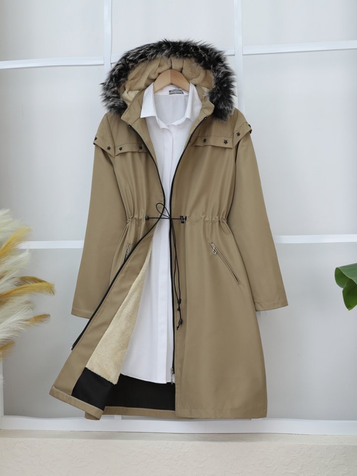 Çıkma Kapşonlu Yıldız Metal Detaylı Kaban  -Taş