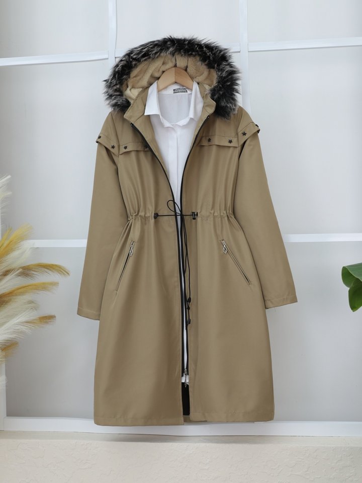 Çıkma Kapşonlu Yıldız Metal Detaylı Kaban  -Taş